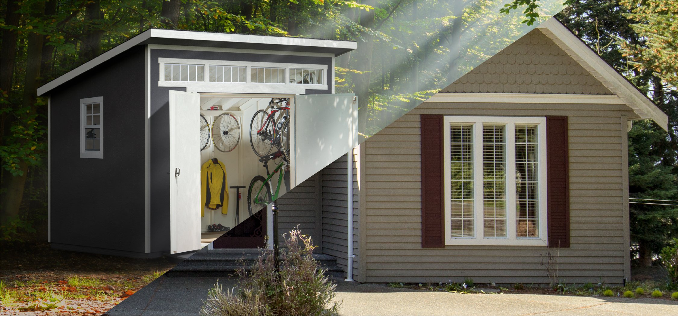 Image split diagonally. House painted light brown and shed painted dark blue to complement it.