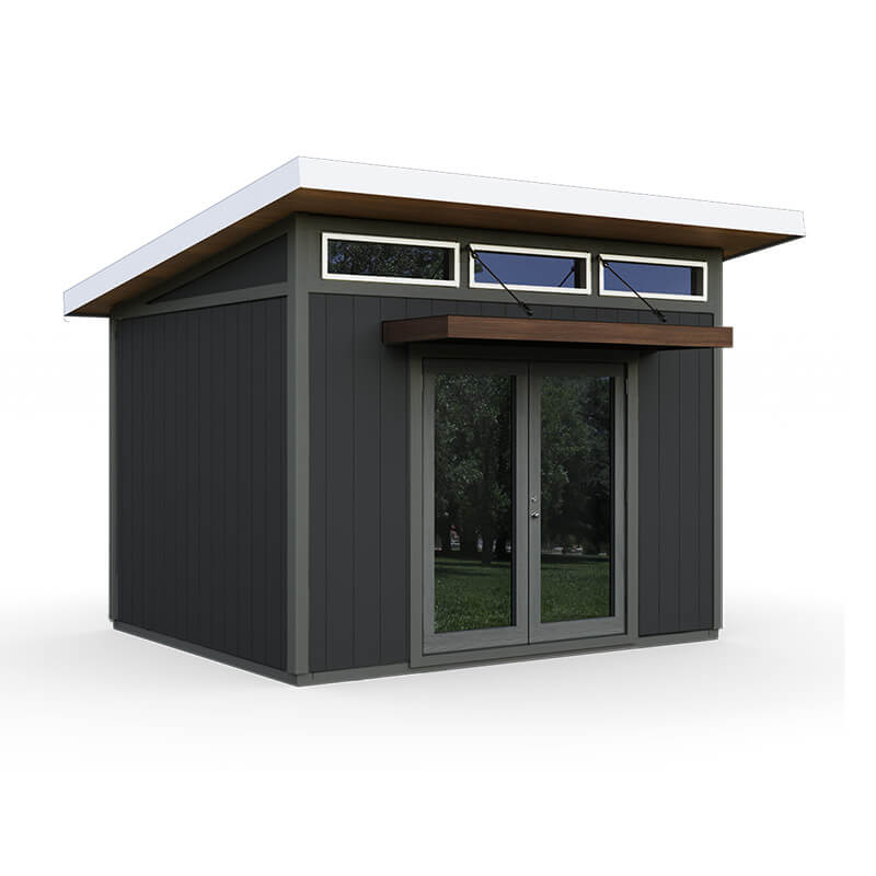 Black studio style shed.