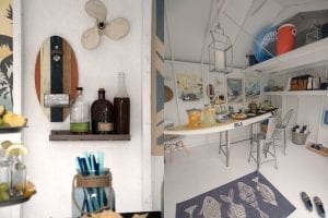 Pool shed interior. Table shaped like a surf board with food on top. Tropical themed wall decor.