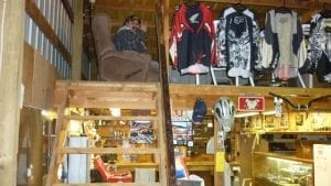 Two story man cave shed: Stair case leading to shed loft.